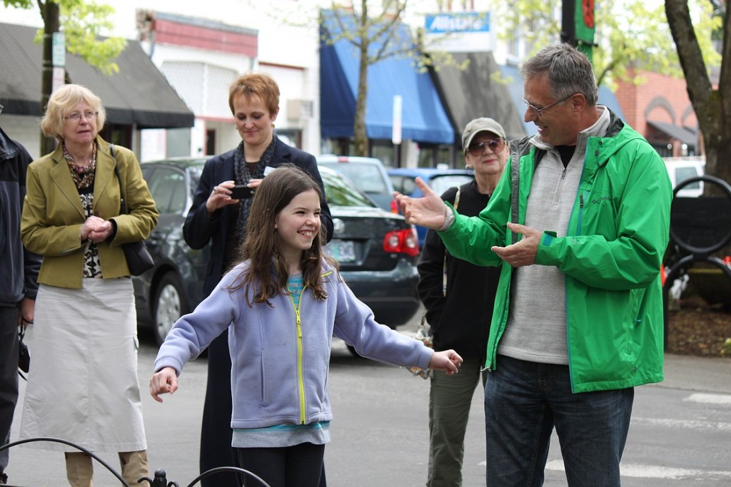 Camas resident Randy Curtis and his granddaughter Olivia Brotherton, 9, talk about the circumstances that inspired their efforts to replace a book that had been stolen from a statue in downtown Camas more than a decade ago.