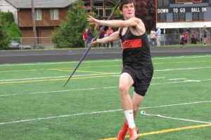 Brian Connolly rifles the javelin 134 feet, 7 inches for third place at the Panther Twilight Friday, at Fishback Stadium. The Washougal High School senior also clinched first place in the high jump to help the Panther boys win the eight-team meet.