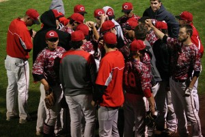 Joe Hallead leads the Papermakers in one more rally cry during the district tournament May 6, at Propstra Park. Hallead leaves Camas for Las Vegas after gaining 172 victories as the varsity baseball coach.