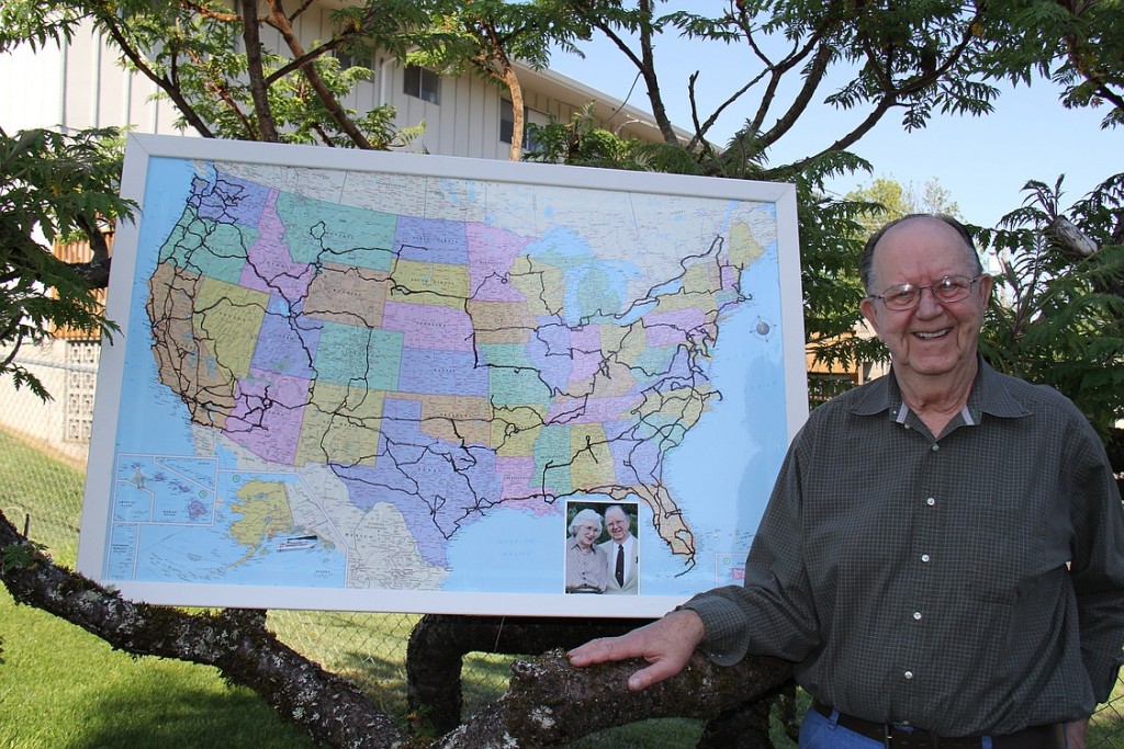 Elton Richardson, 85, has a map at his house that shows the route he and late wife Madeline took in their quest to visit state capitols and historic sites.