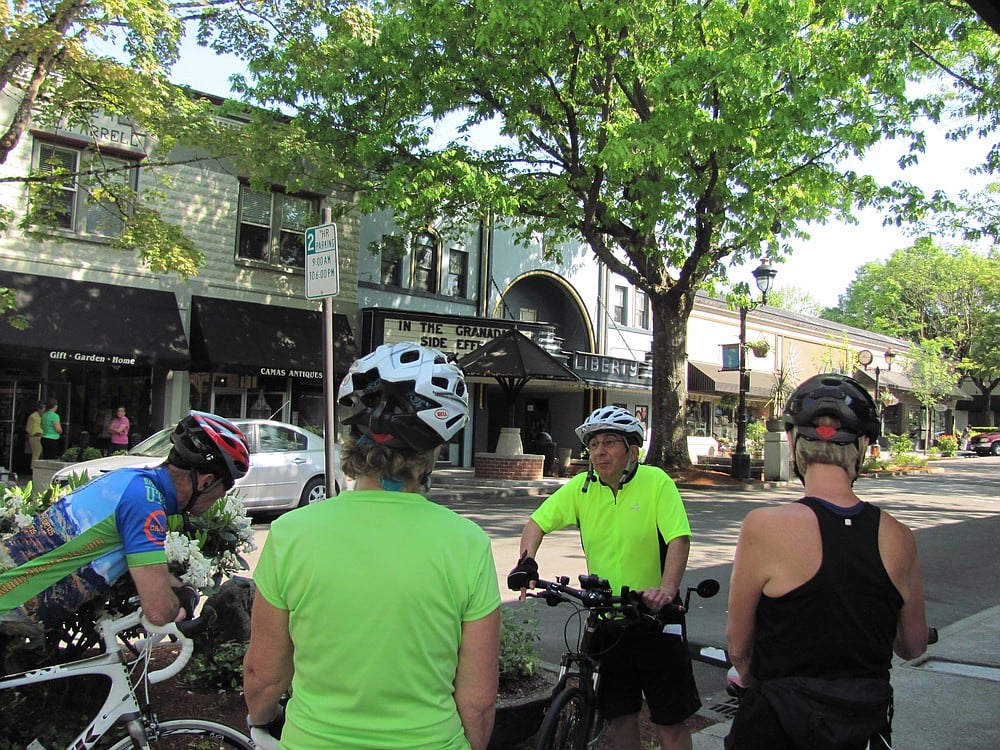 The first stop on Blanco's historical bike ride is at the Farrell Building in downtown Camas.
