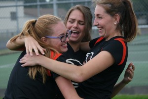 Washougal girls tennis players Amelia Quatermass, Christina Zack and Haley Briggs captured sub-district championships Saturday, at R.A. Long High School.