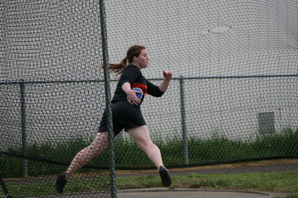 Michelle Greear fires the discus to first place. She also took third place in the shot put, and will compete in both events for Washougal at the state championship meet.