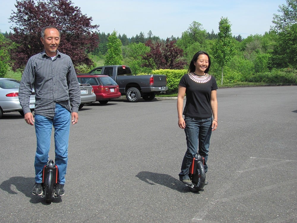 Chen and his daughter, Ywanne, demonstrate how the Solowheel works. It is electrical powered and travels up to 10 mph.  It is available to purchase at www.inventist.com for $1,795.