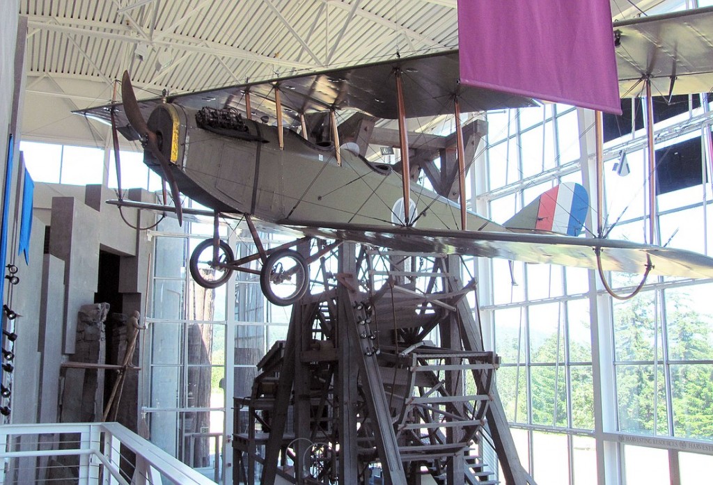 A Curtiss JN-4, known as a "Jenny," is on loan to the museum from the family of the Evergreen Field founder. A team of volunteers worked to hoist the plane into the air and suspend it from the ceiling.
