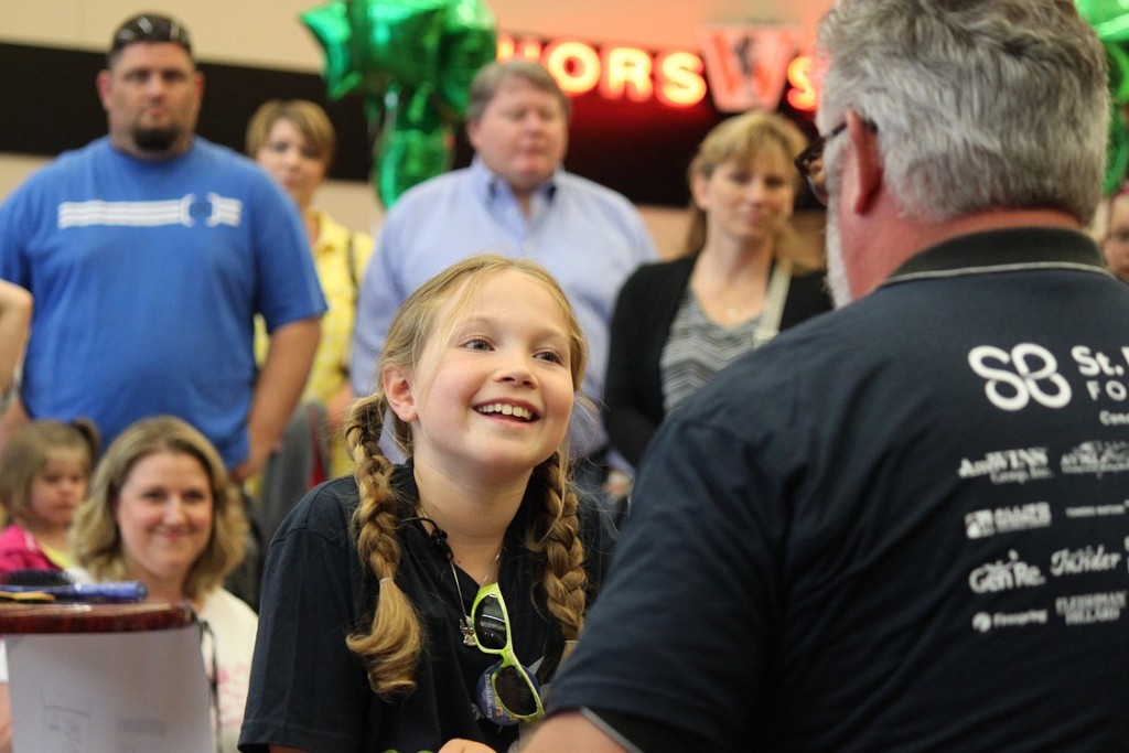 Mederos, 9, talks to Washougal Mayor Sean Guard, who announced that June 9, 2013, would be recognized as "Sammy Mederos Day." To which, she gasped, then responded: "I have my own day?"