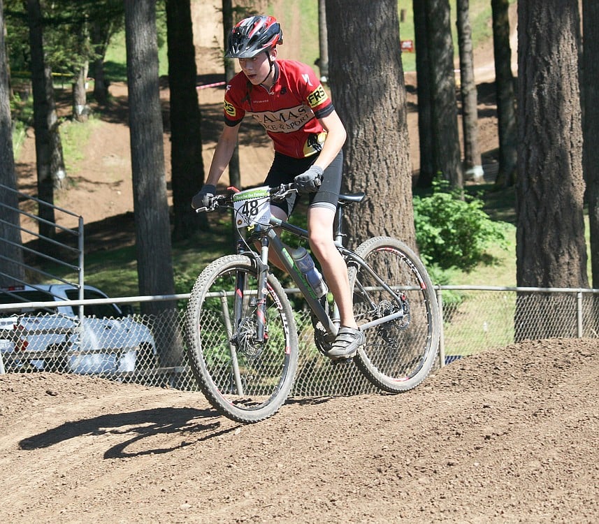 Brady Stotts cycles to the finish line with a commanding lead. The 16-year-old from Washougal won the Junior Men 14- to 18-year-old division.