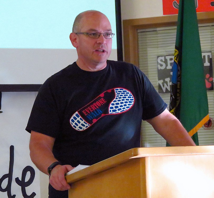 Dale Rule conducted his first "Everyone Walk" public address June 4, at Liberty Middle School, in Camas. He shared his internal and external struggles with weight gain, the moment he decided to save his life by going for a walk every day and the past five years of his mission to save others.