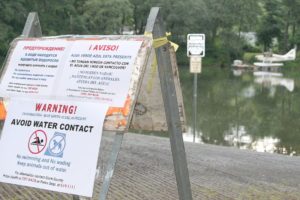 (Post-Record file photo) Signs posted at various entry points near Lacamas and Round lakes in Camas warn people to avoid contact with the water due to a possible bloom of toxic blue-green algae, which can harm animals and humans, in 2015. The county today issued advisories warning of another potential outbreak in both lakes.
