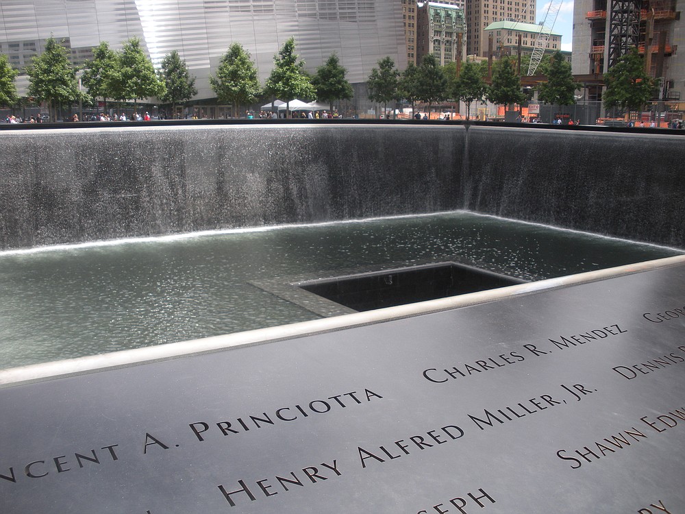 The national 9/11 Memorial bears witness to the terrorist attacks of Sept. 11, 2001. Here, the North Tower Fountain lists the names of the people killed in the attacks.