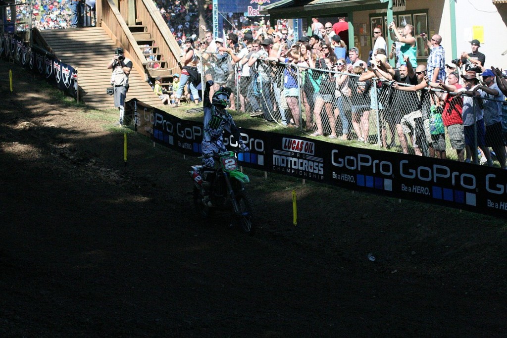 Ryan Villopoto pumps his fist in the air after winning the Washougal National for the first time Saturday. The 24-year-old from Poulsbo, Wash., leads the 450 class of the Lucas Oil Pro Motocross Championship.