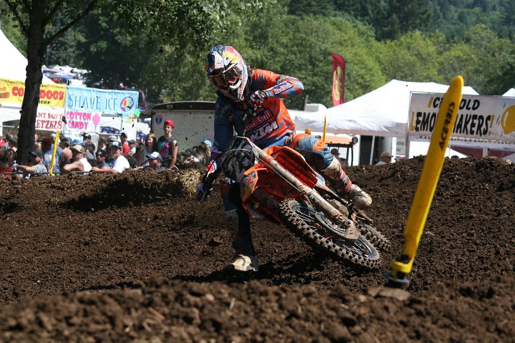 Marvin Musquin shoots through a sharp turn at high speeds Saturday. The KTM rider from La Reole, France, finished in first place in both 250 races for the first time in his career.