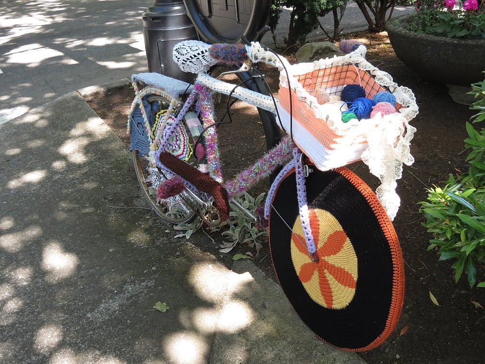 Festival volunteers got creative in their scavenger hunt, "yarn bombing" all over downtown, including targeting a bicycle at Northeast Fourth Avenue and Cedar Street.