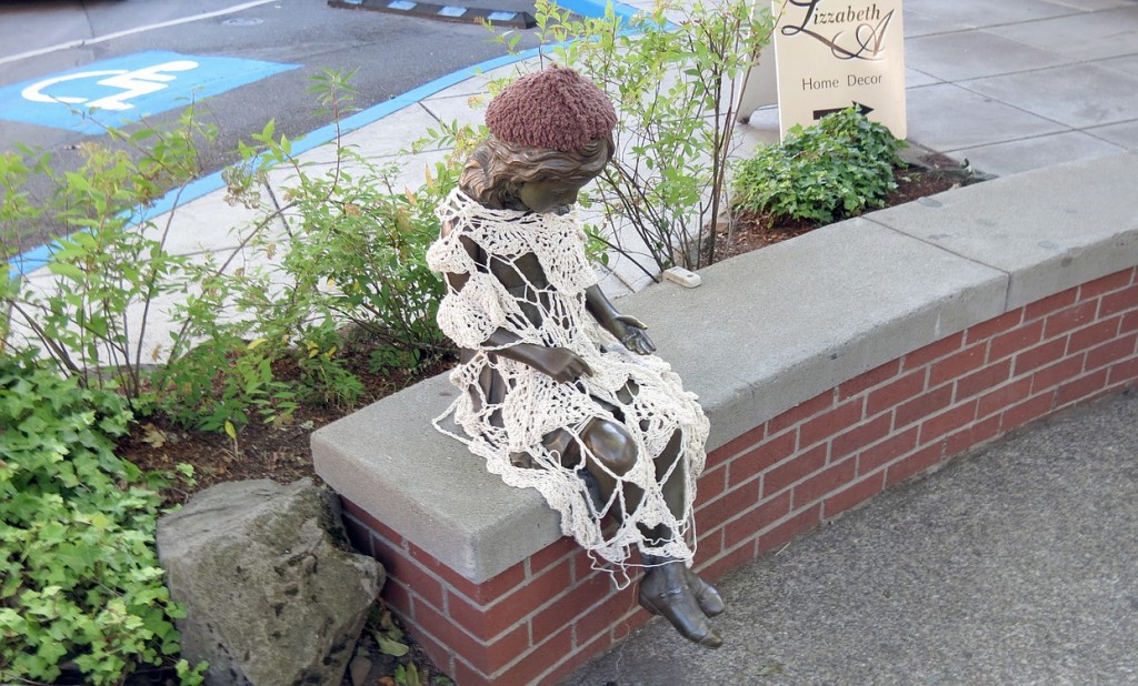 The festival volunteers got creative in their scavenger hunt, "yarn bombing" all over downtown, including the bronze statue located at the fountain at Northeast Fourth Avenue and Cedar Street.