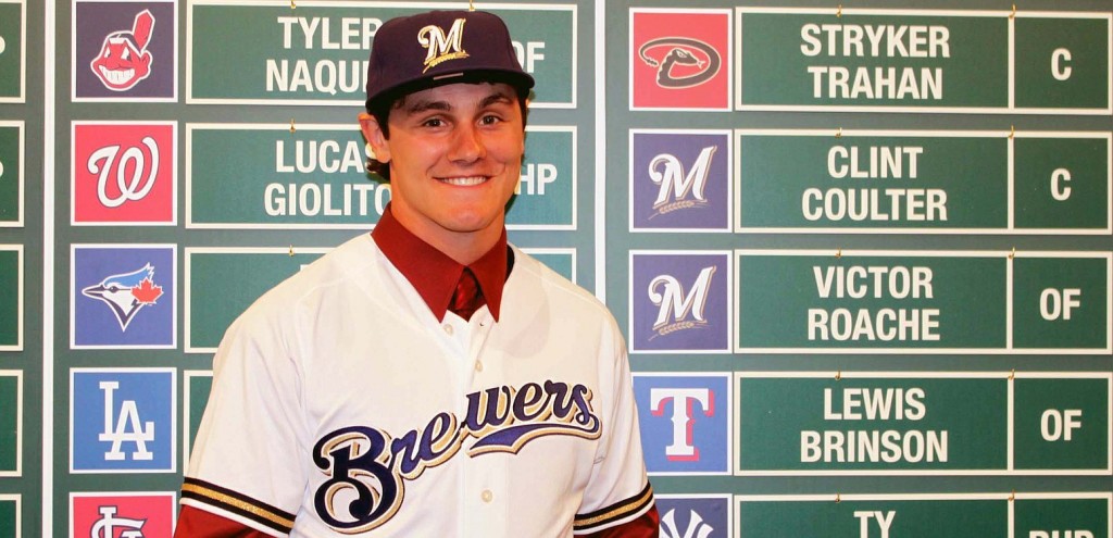 Clint Coulter stands tall after being selected by the Milwaukee Brewers with the 27th pick in the Major League Baseball 2012 Draft.
