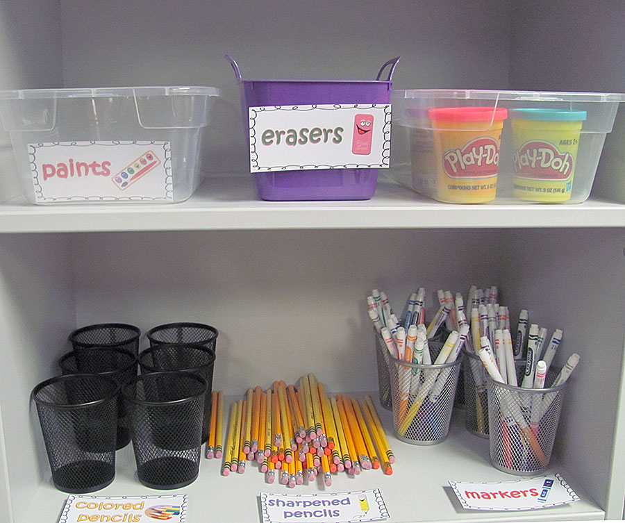 Harrington’s classroom includes special areas for all of the “community” supplies.