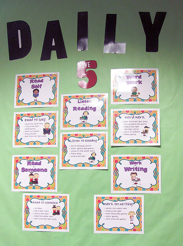 The “Daily 5,” for kindergarteners includes read to self, listen to reading, word work, read to someone and work on writing.