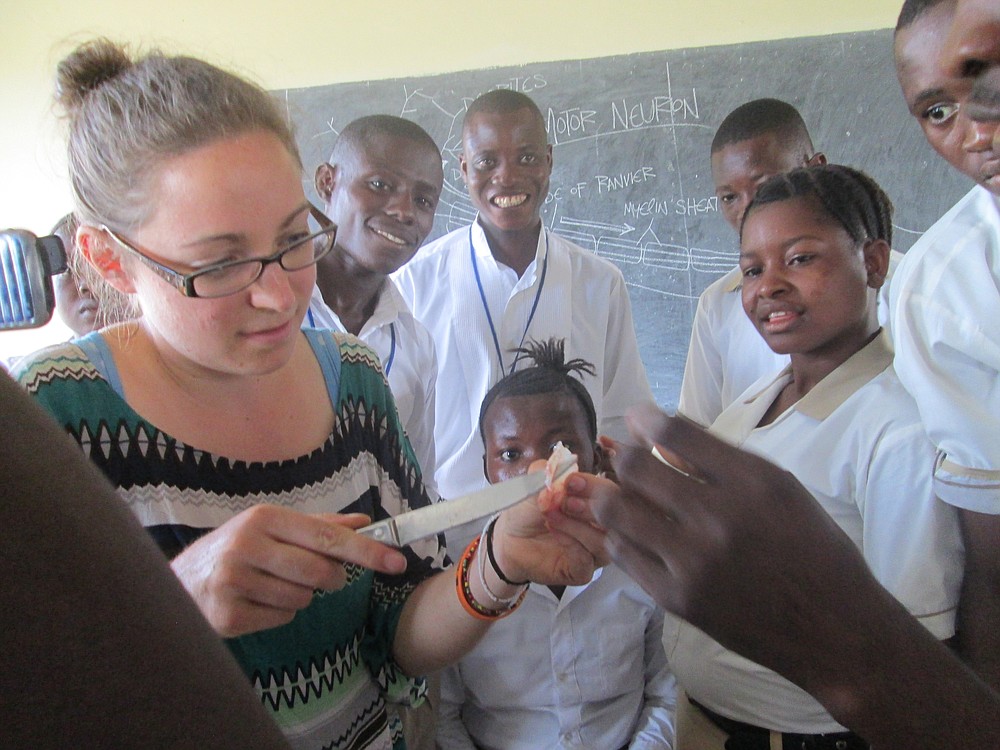 Webberly conducts a lab practical with two of her classes after teaching them the nervous system. She is serving as a volunteer teacher in Sierra Leone.