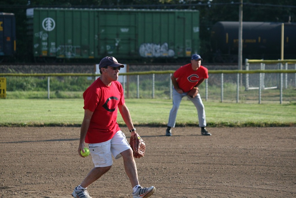 Camas City Administrator Pete Capell pitched, while City Attorney Shawn MacPherson played first baseman, in a softball game with City of Washougal officials.