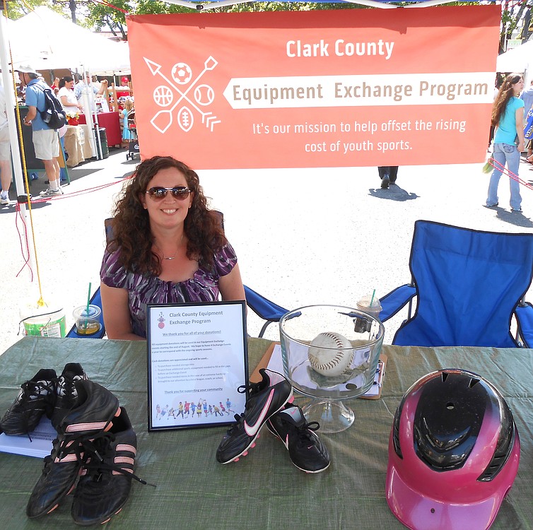 Julia Ross, director of the Clark County Equipment Exchange Program, accepted donations of sports equipment twice this summer at the Camas Farmer's Market. Ross founded the program to promote participation in youth sports programs and leagues by helping families offset the costs of purchasing new equipment. When young athletes outgrow equipment such as soccer cleats, they can exchange them for a larger size. Donors are also invited to bring sports equipment sitting unused in their garages.