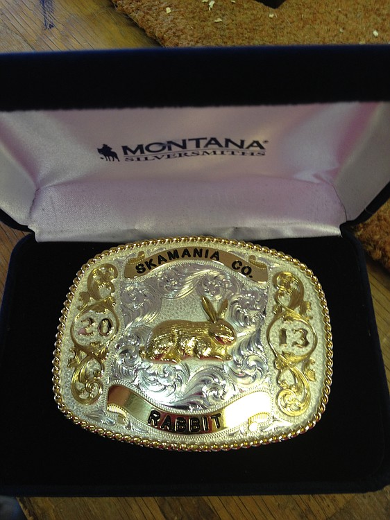 Dakota received this belt buckle for being a master rabbit showman at the Skamania County Fair.
