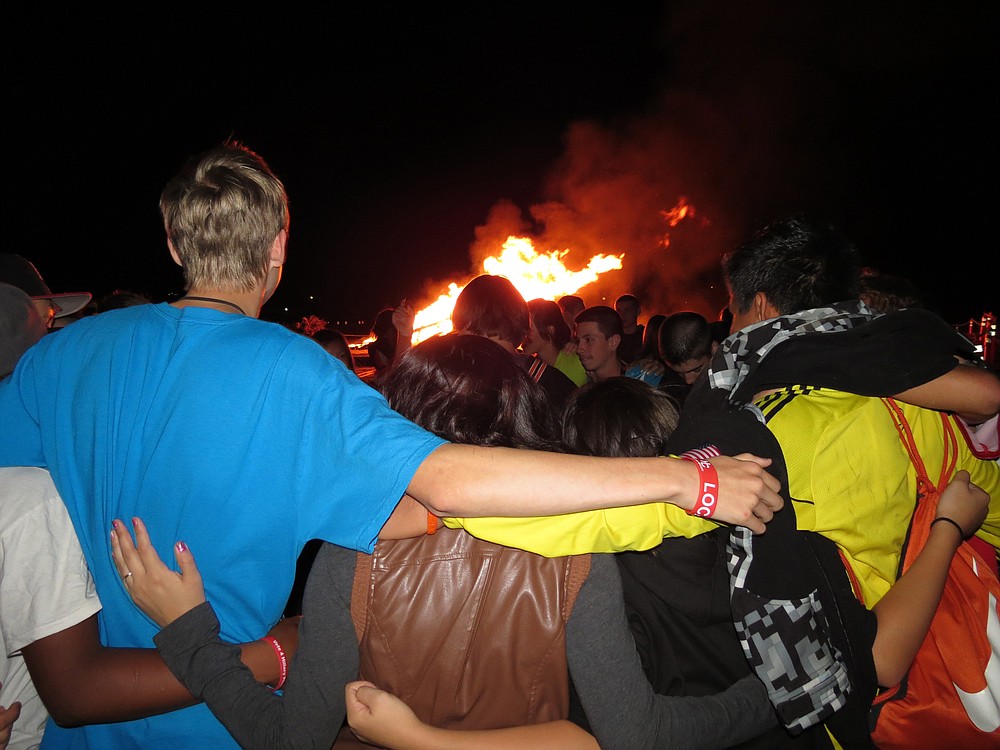 More than 100 Washougal High School students gathered around a bonfire Wednesday, at the former Hamblton Brothers Lumber Mill property, at Second and "A" streets.