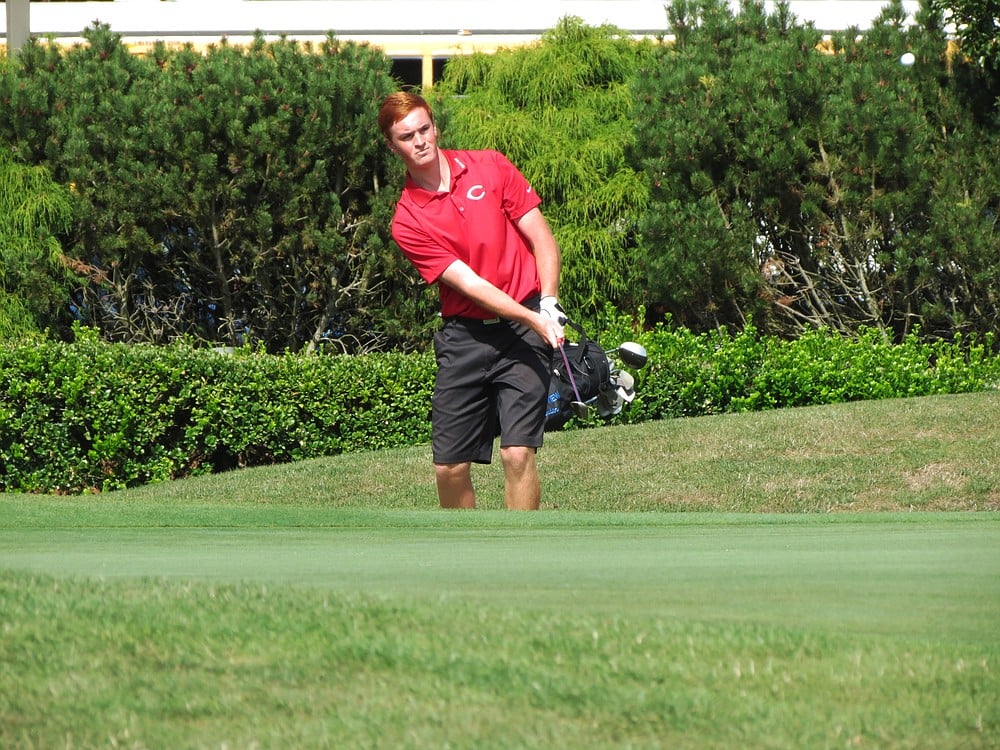 Brian Humphreys chips on to the 18th green before knocking his seventh birdie into the cup. The Camas High School junior shot 3-under par on the Tri-Mountain Golf Course, in Ridgefield, Sept. 9, to win the Jeff Hudson Invitational.