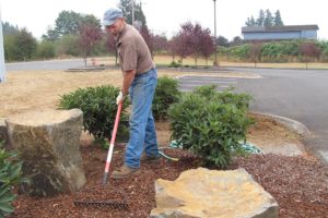 Steve Day, the financial administrator for NorthLake Church, works on the landscaping after shrubs and rocks were added near the entrance to the church. A new sign will be unveiled Saturday, during an open house and barbecue. The church, formerly known as Camas Assembly of God, recently changed its name.