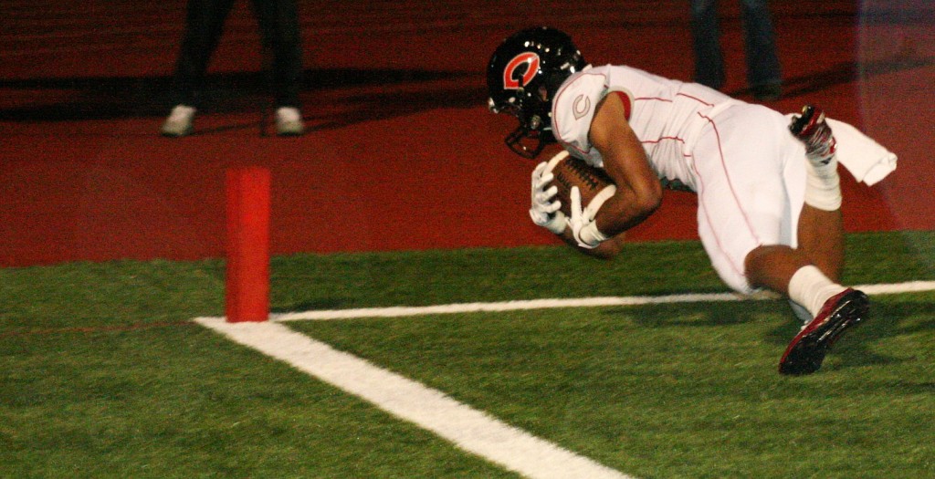 James Price lands in the left corner of the end zone with the football in his hands to secure a 23-yard touchdown catch for Camas just before halftime.