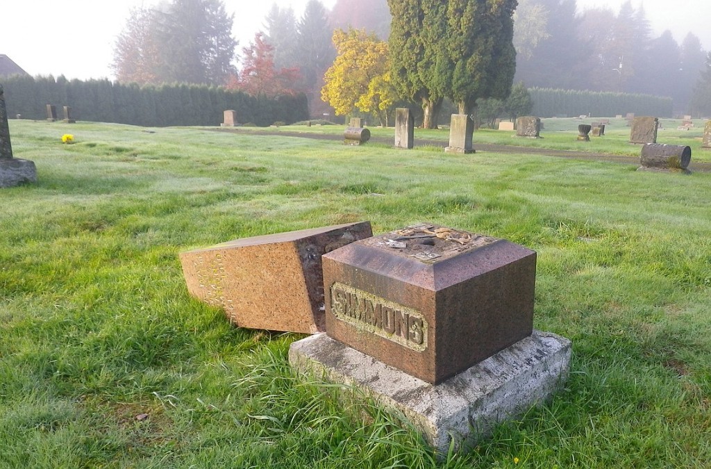 Photo courtesy of the City of Camas
On Friday, crews work to replace the Camas Cemetery headstones that were toppled over by vandals earlier in the week. There has been one arrest so far in the case. The headstone of Alexander Stuber, who died in 1908, was the only one broken into pieces, making it unrepairable. Donations are being accepted at Riverview Community Bank to fund a replacement, which is expected to cost approximately $700.