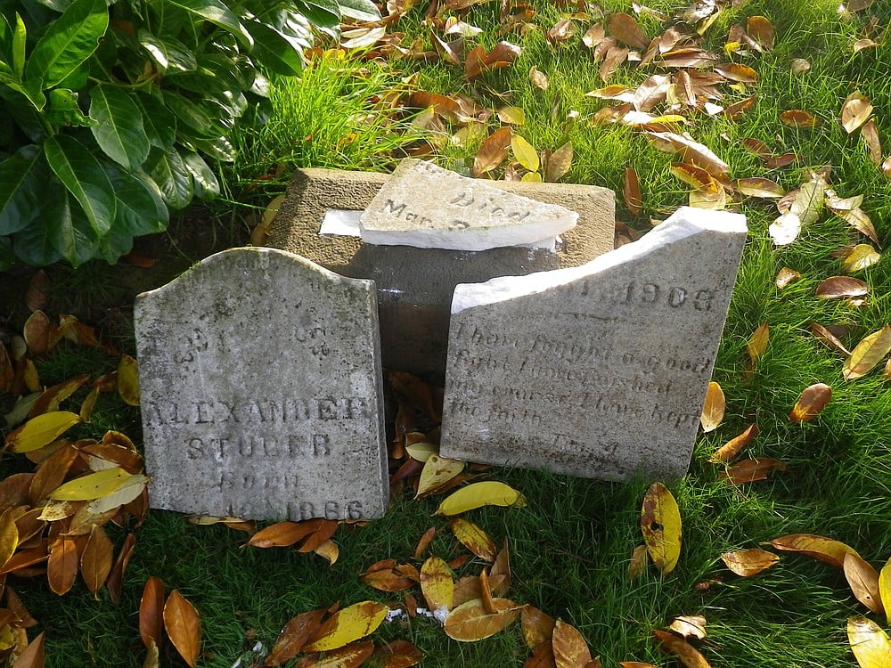 Photo courtesy of the City of Camas
The gravestone of Alexander Stuber, who lived from 1866 to 1908, was the only one that was broken as a result of vandalism at the Camas Cemetery last week. Fourteen other markers were placed back on their pedestals Friday.