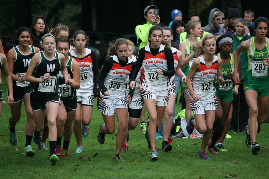 The Washougal girls cross country team takes off from the starting line of the 2A girls district race Saturday, on the Lewis River Golf Course, in Woodland. The Panthers snatched third place to send everybody on the team to the state meet.