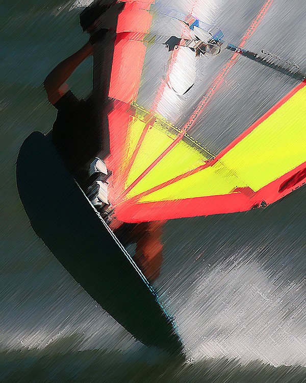 This image is a "impressionistic" close-up look at a windsurfer on the Columbia River Gorge near Stevenson.