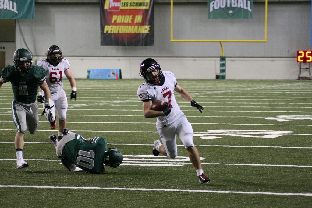 Nate Beasley bolts into the end zone for a Camas touchdown. The junior had 19 carries for 138 yards rushing.
