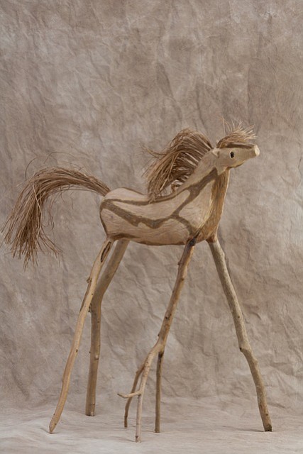 "Stick Horse" was created from clay, sticks and raffia.