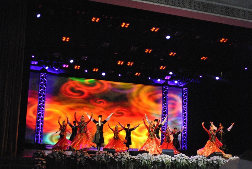 Delegates at the First Global Forum on Youth Policies in Baku, Azerbaijan, enjoy a traditional dance performance during opening night ceremonies.