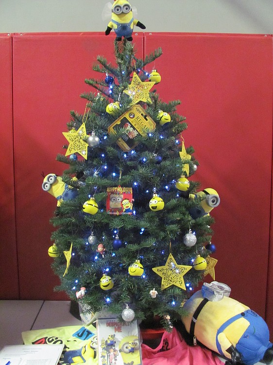 This "minion tree," decorated by Gause Elementary staff, draws inspiration from the movie, "Despicable Me."