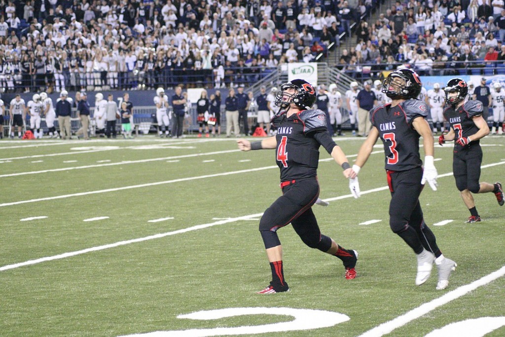 Reilly Hennessey and Jorden Payne let loose after Camas grabbed the lead in the third quarter of the state championship football game Saturday, at the Tacoma Dome. The good feeling wouldn't last as Chiawana defeated Camas 27-26.