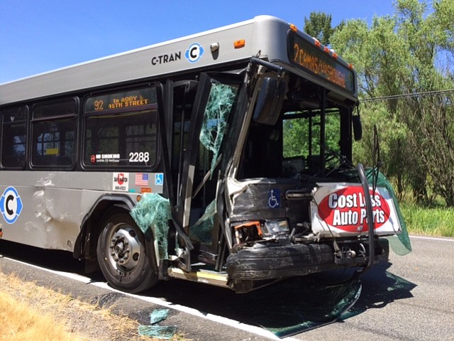 Six people were injured when a minivan pulled in front of a C-Tran bus on Evergreen Highway in Washougal on Tuesday. Investigators believe the driver of the minivan was attempting to make a u-turn.