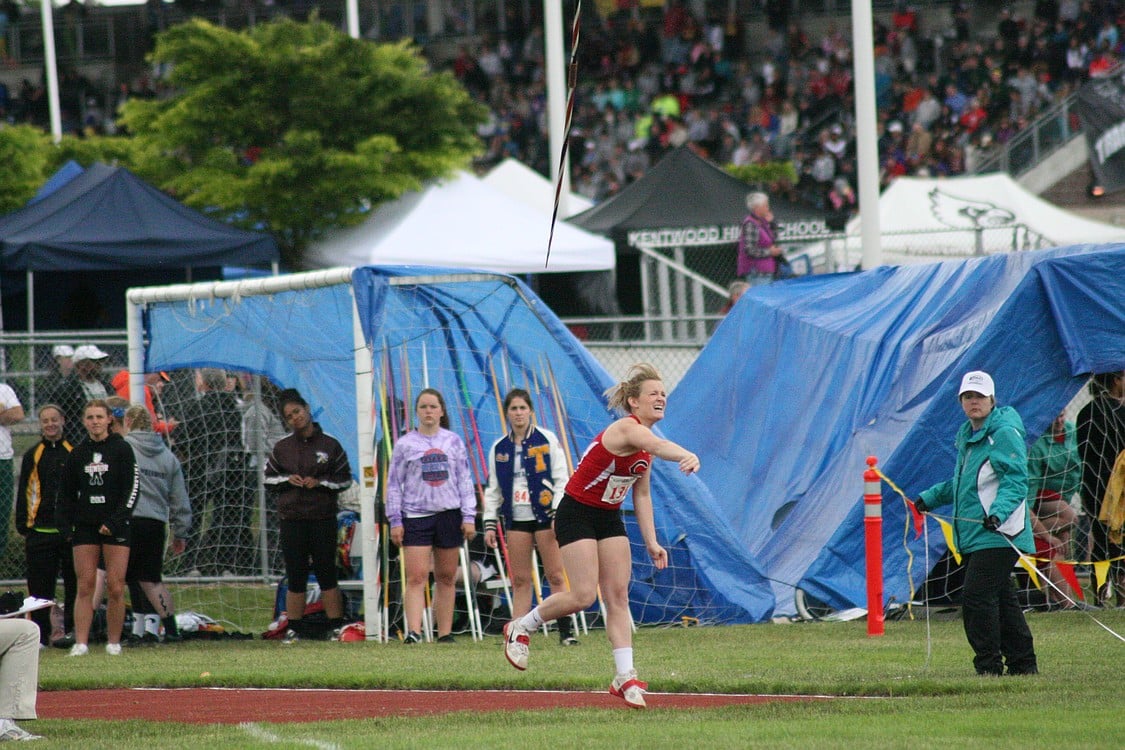 McKenna Jackson fires the pole vault for Camas at state meet. She finished in sixth place with a toss of 127 feet, 10 inches.