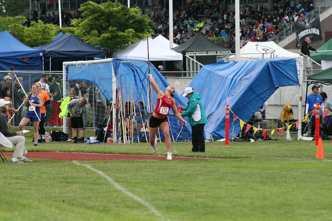 Amber Corbett launches the javelin for Camas at the state meet. She finished in seventh place with a throw of 126 feet, 10 inches.