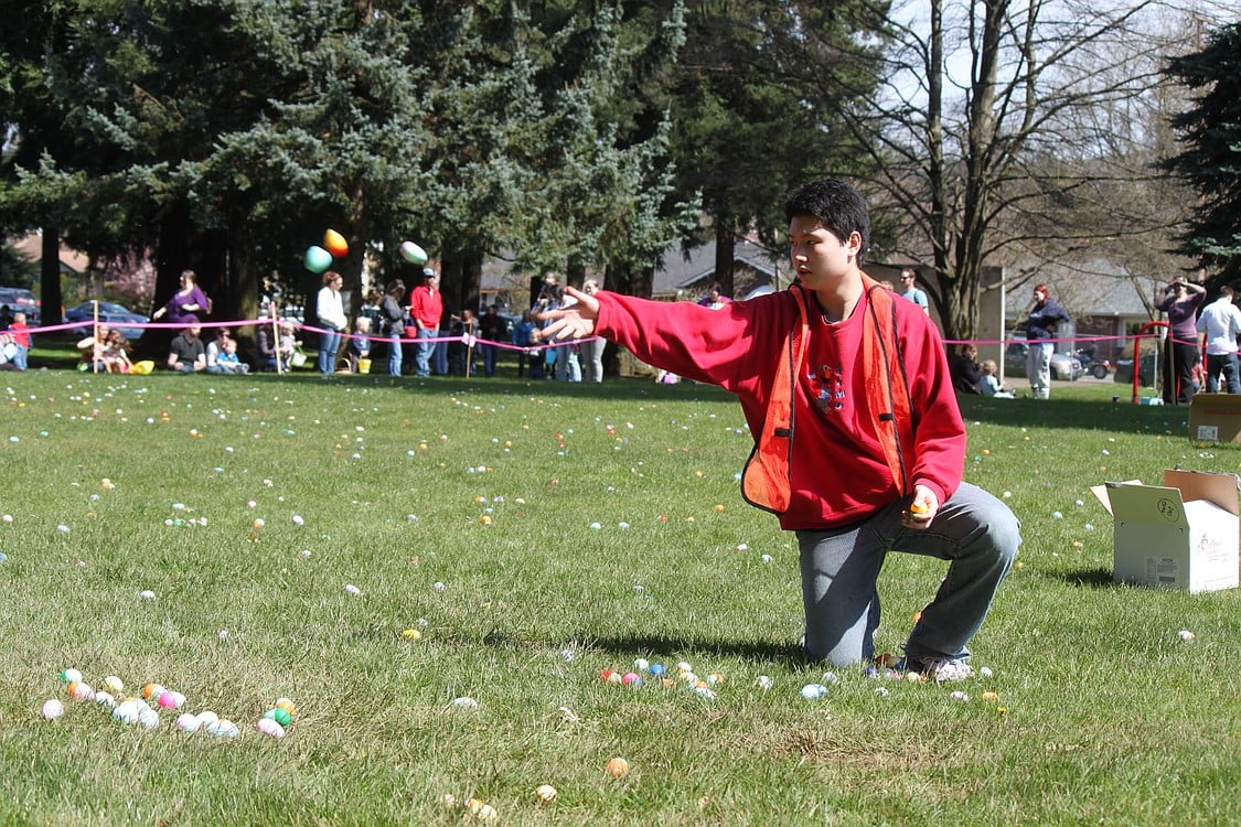 Beneath beautiful sunny skies, volunteers with Camas Parks and Recreation tossed thousands of plastic, goodie-filled Easter eggs onto the grass at Crown Park on Sunday for the annual Easter egg hunt. Hundreds of children turned out for the frenzied scramble to scoop up as many treasures as their little baskets could handle.