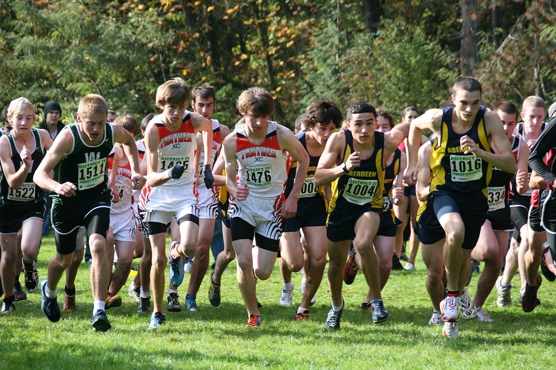 The beginning of the 2A boys district cross country championship race, at Lewisville Park in Battle Ground.