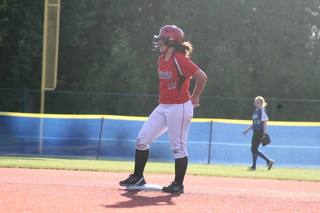 Mikaela Searight stands on second base after an RBI double.