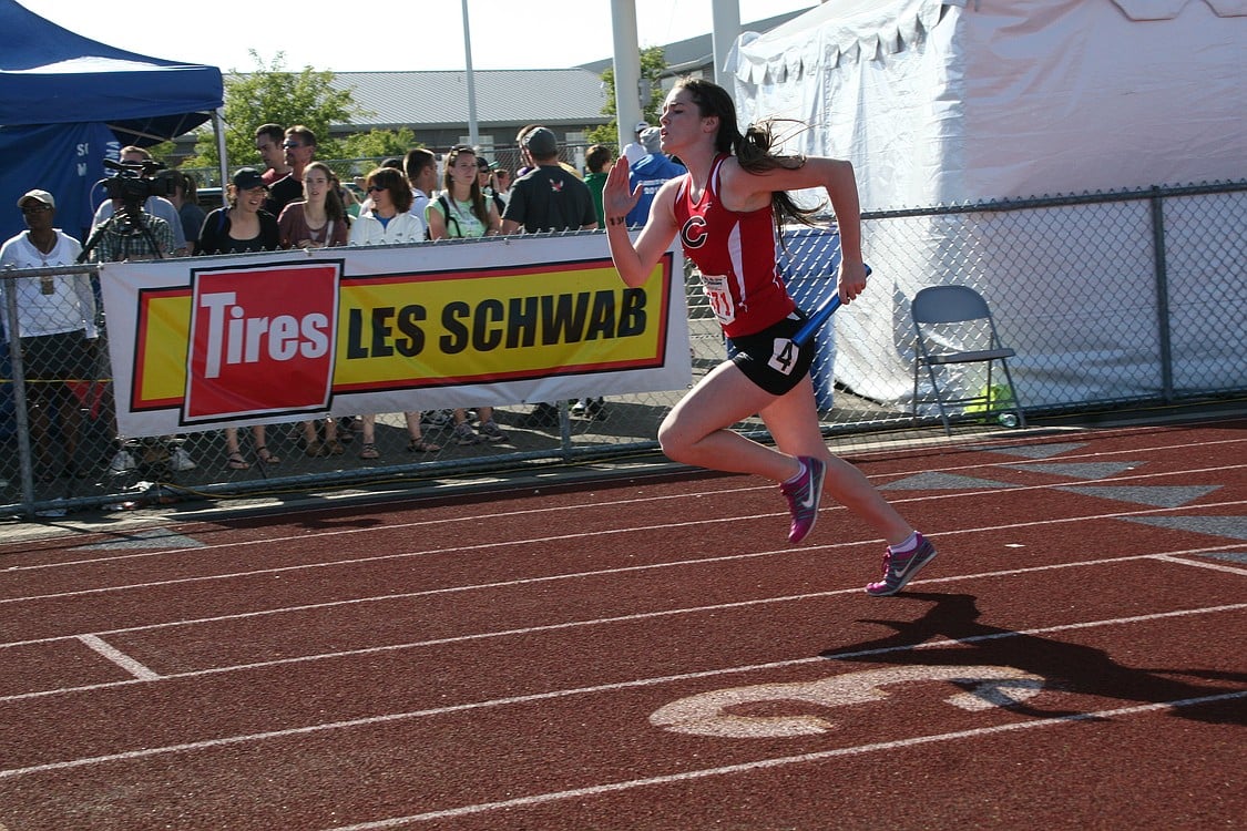 Savanna Joyce starts the second leg of the 1,600 relay. Camas finished in sixth place.
