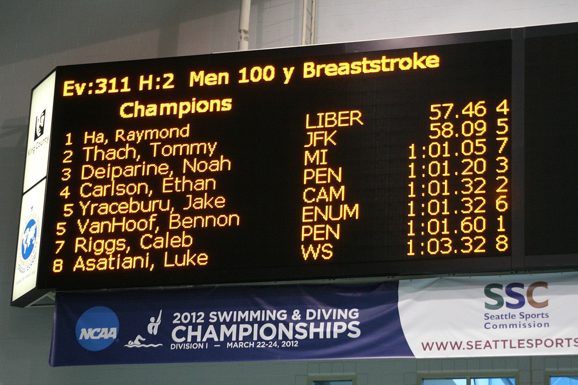 Jake Yraceburu gets his name on the leaderboard at the King County Aquatics Center. He finished fifth in the 100 breaststroke.