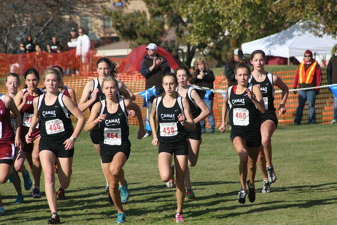 The Camas girls cross country team gets ready to run a race of a lifetime at the 3A state meet Nov. 5, on the Sun Willows Golf Course in Pasco. Pictured in the front row (left to right): Lindsay Wourms, Austen Reiter, Alexa Efraimson, Megan Napier; back row (left to right): Camille Parsons, Alissa Pudlitzke and Trisha Patterson.