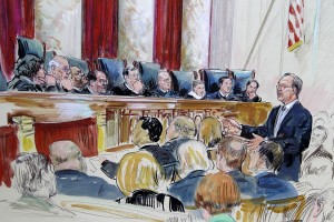 This artist rendering shows Paul Clement speaks in front of the Supreme Court in Washington, Tuesday, March 27, 2012, as the court continued hearing arguments on the health care law signed by President Barack Obama. Justices, seated from left are, Sonia Sotomayor, Stephen Breyer, Clarence Thomas, Antonin Scalia, Chief Justice John Roberts, Anthony Kennedy, Ruth Bader Ginsburg Samuel Alito and Elana Kagan. (AP Photo/Dana Verkouteren)