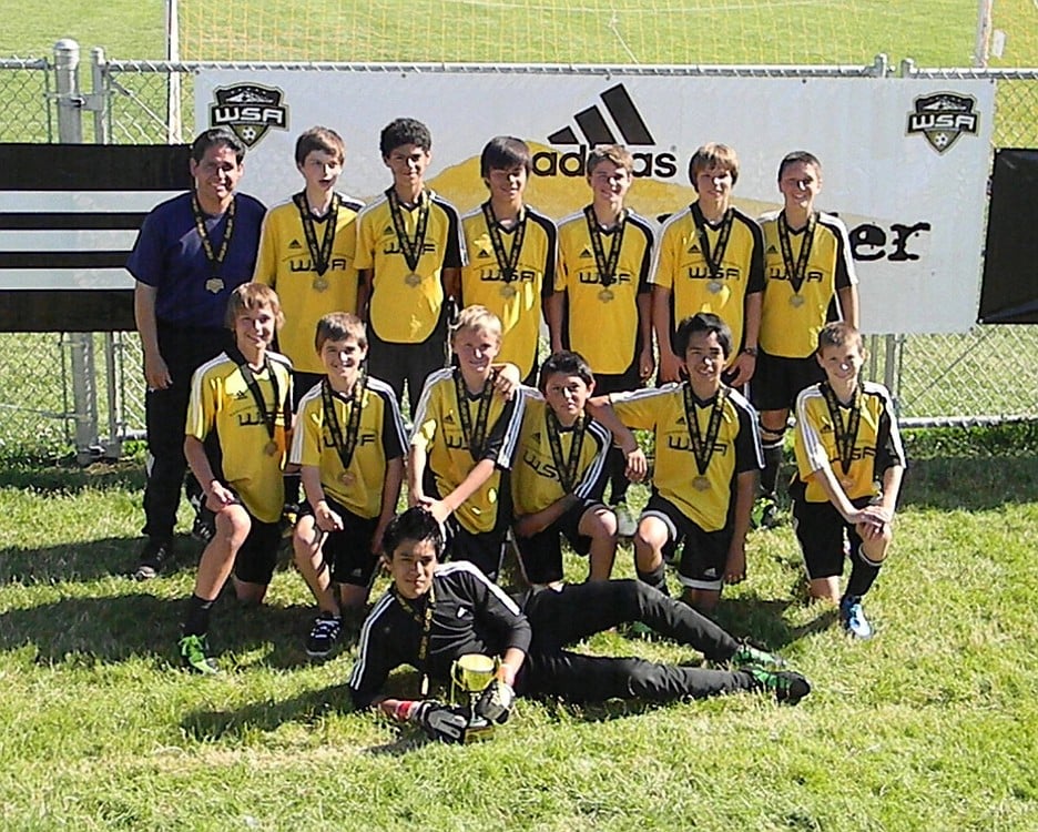 The WSA Falcons clinched first in the U-14 boys gold bracket of the Clash at the Border tournament. Pictured in the back row (left to right): coach Joe Mendez, Colstin Donaldson, Farid Araya, Patrick Gaines, Ryan Grimm, Jarid Schoenlein, Jackson Voeller; second row (left to right): Jake Gould, Daniel Holman, Shadd Dawson, Carlos Mejia, Justin Beatty, Kyle McCartney; bottom: Juan Inzunza; not pictured:  Coach Arturo Mejia, Quentin Lebeau, Enrique Alquicira and Robbie Horenstein.