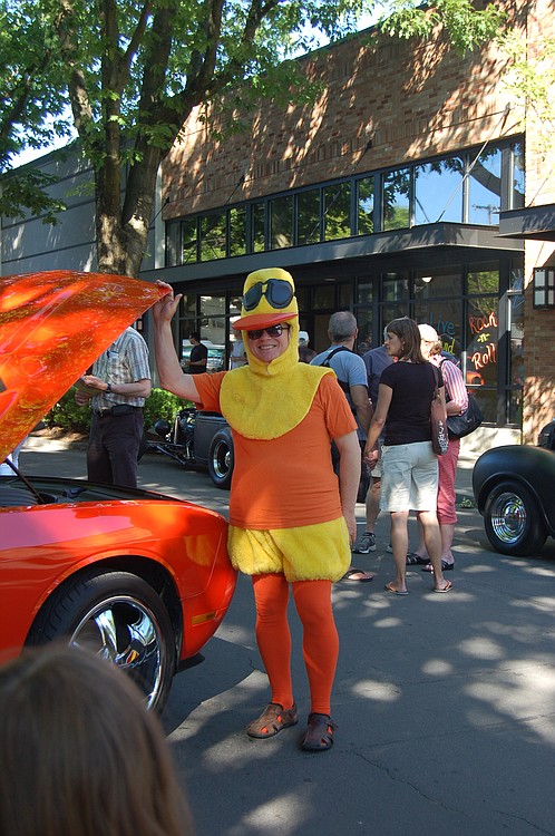 Rotarian Steve Hogan dressed up in a duck costume for the Camas Car Show in honor of the 2011 Ducky Derby scheduled for Sunday, July 24.  The annual Rotary Club fundraiser raises money for scholarships for college bound high school seniors.